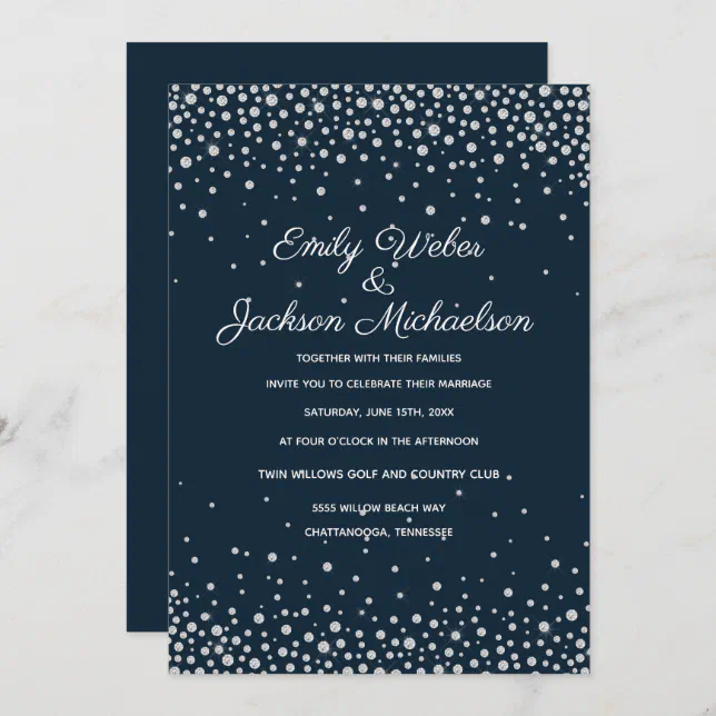 Elegant Navy Blue Silver Diamond Confetti Wedding Invitation | Zazzle