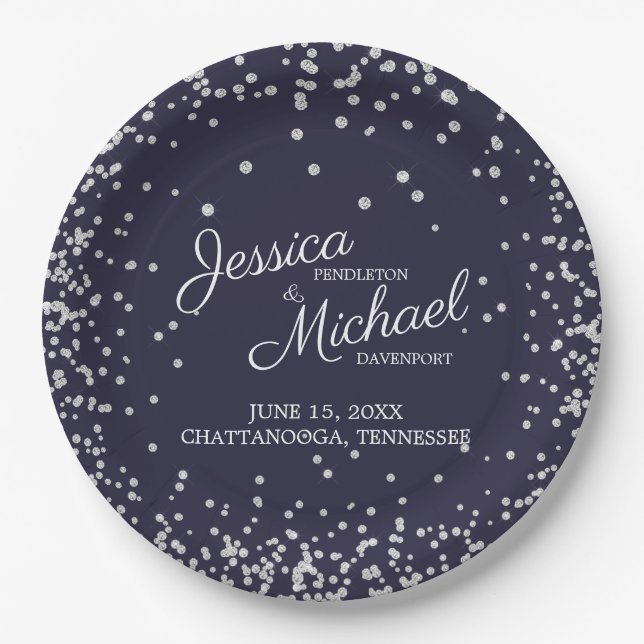 Elegant Navy Blue Silver Diamond Glitter Wedding Paper Plates (Front)