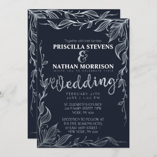 Elegant Navy Blue Silver Drawn Floral Vine Wedding Invitation