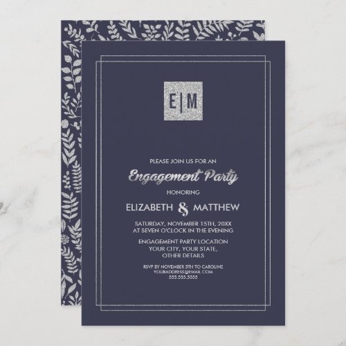 Elegant Navy Blue  Silver Engagement Party  Invitation