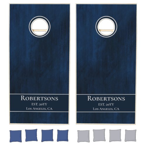 Elegant Navy Blue Silver Family Name Cornhole Set