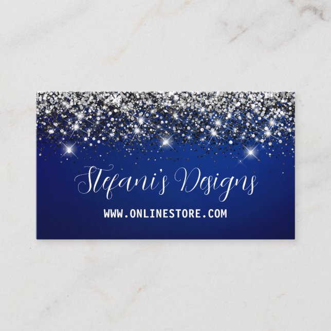 Elegant Navy blue silver faux glitter Online Store Business Card (Front)