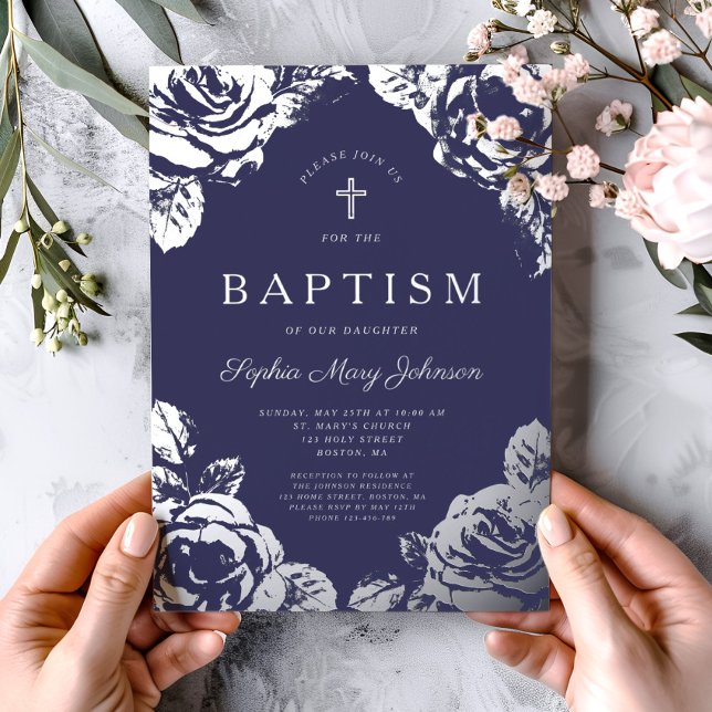 Elegant Navy Blue Silver Floral Boy Baptism Foil Invitation (Elegant Navy Blue Silver Floral Boy Baptism Foil Invitation)