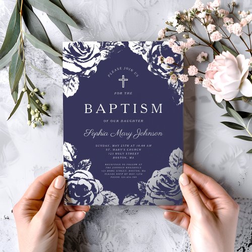 Elegant Navy Blue Silver Floral Boy Baptism Foil Invitation