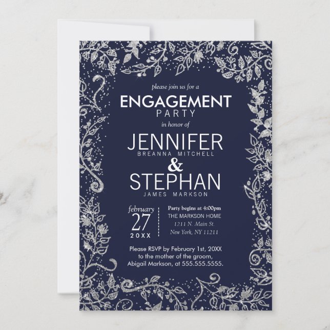Elegant Navy Blue Silver Floral Glitter Engagement Invitation (Front)