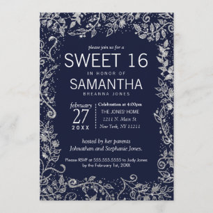 Elegant Navy Blue Silver Floral Glitter Sweet 16 Invitation