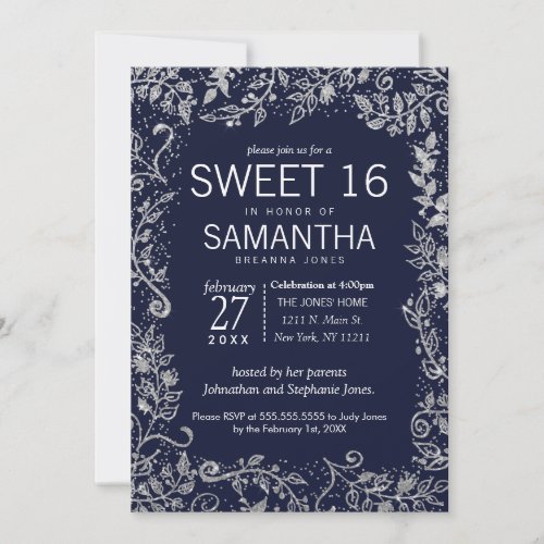 Elegant Navy Blue Silver Floral Glitter Sweet 16 Invitation