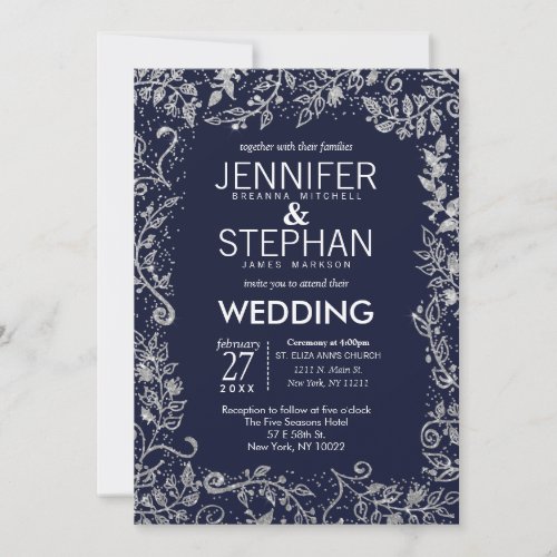 Elegant Navy Blue Silver Floral Glitter Wedding Invitation