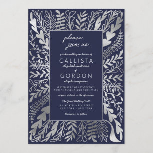 Elegant Navy Blue Silver Floral Leaf Wedding Invitation