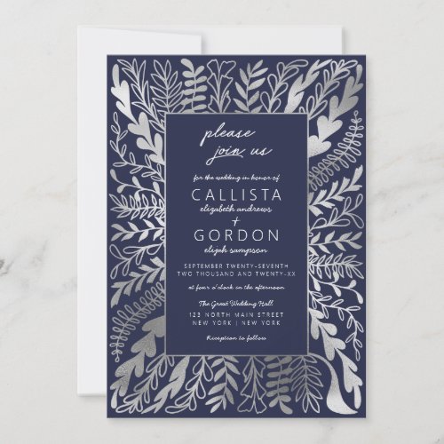 Elegant Navy Blue Silver Floral Leaf Wedding Invitation
