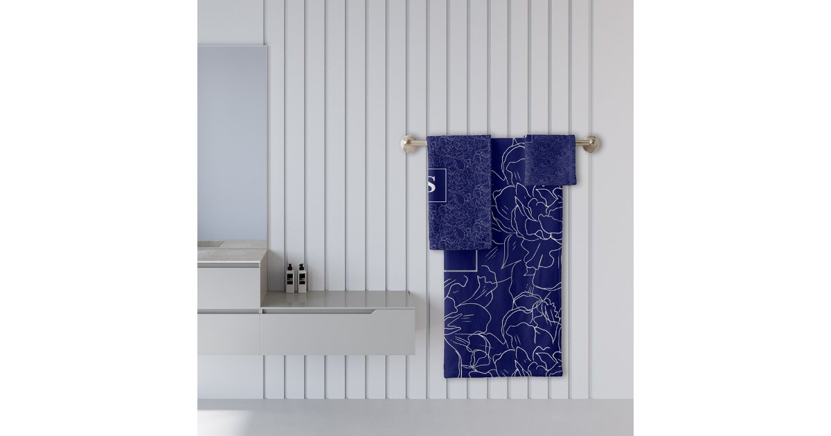 Elegant Navy Blue Silver Floral Pattern Bath Towel Set | Zazzle