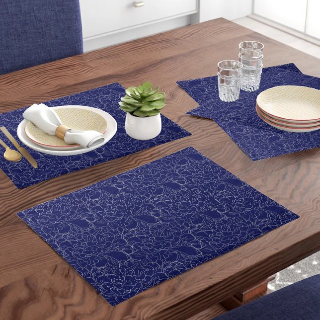 Elegant Navy Blue Silver Floral Pattern Cloth Placemat (Creator Uploaded)