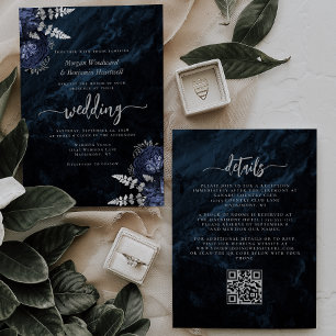 Elegant Navy Blue Silver Floral QR Code Wedding Invitation