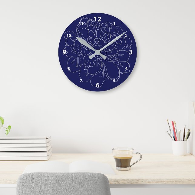 Elegant Navy Blue Silver Floral Round Clock (Creator Uploaded)