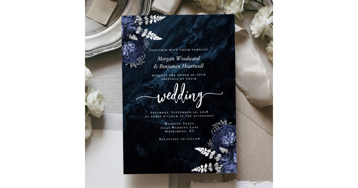 Elegant Navy Blue Silver Floral Wedding Foil Invitation | Zazzle