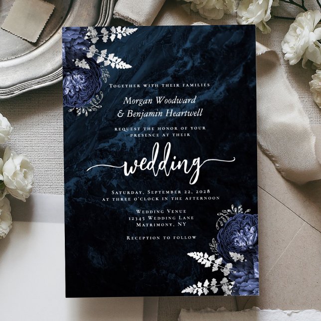 Elegant Navy Blue Silver Floral Wedding Foil Invitation (Creator Uploaded)
