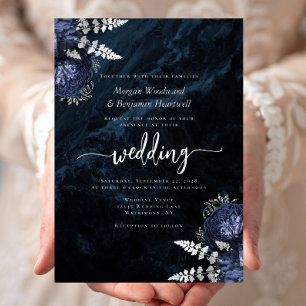 Elegant Navy Blue Silver Floral Wedding Foil Invitation