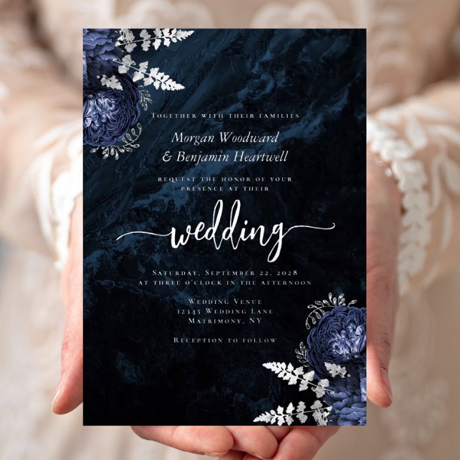 Elegant Navy Blue Silver Floral Wedding Foil Invitation (Creator Uploaded)