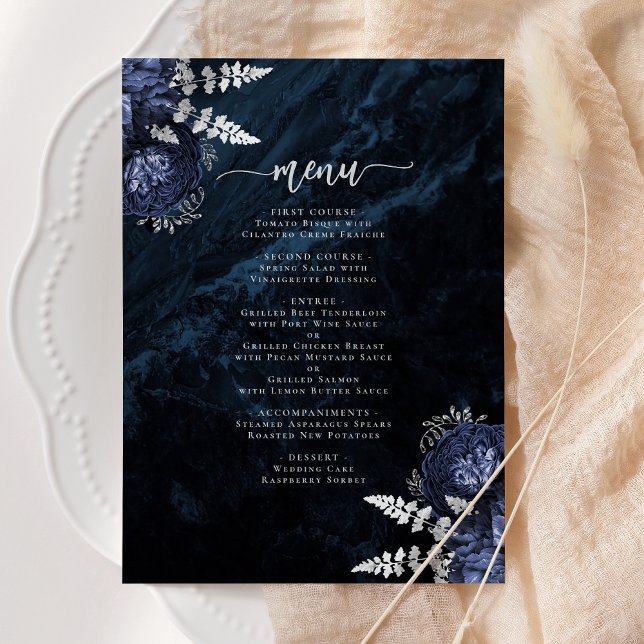 Elegant Navy Blue Silver Floral Wedding Menu (Creator Uploaded)