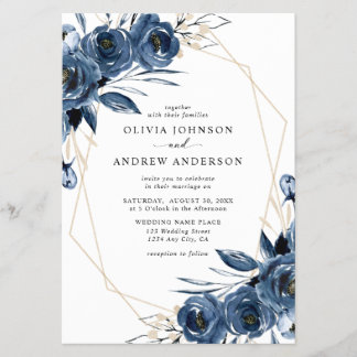 Elegant Navy Blue Silver Geometric Floral Wedding  Flyer