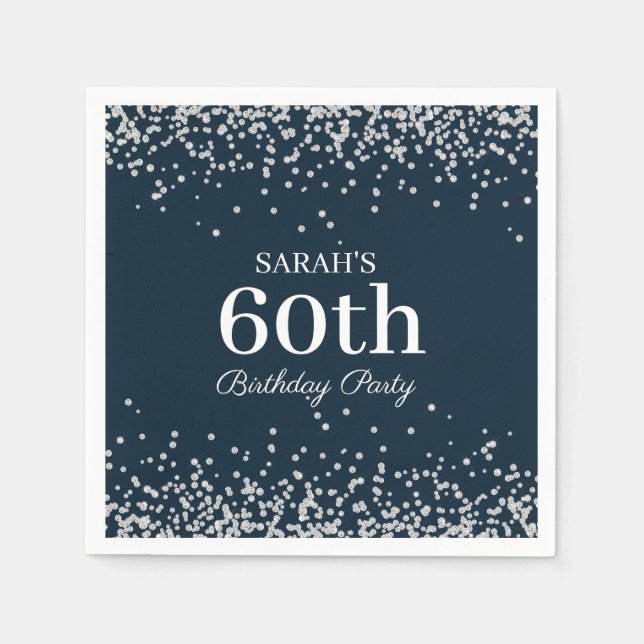 Elegant Navy Blue Silver Glitter 60th Birthday Napkins (Front)