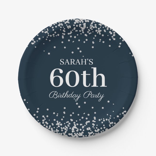 Elegant Navy Blue Silver Glitter 60th Birthday Paper Plates (Front)