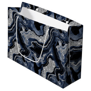 Elegant Navy Blue & Silver Glitter Agate Birthday Large Gift Bag