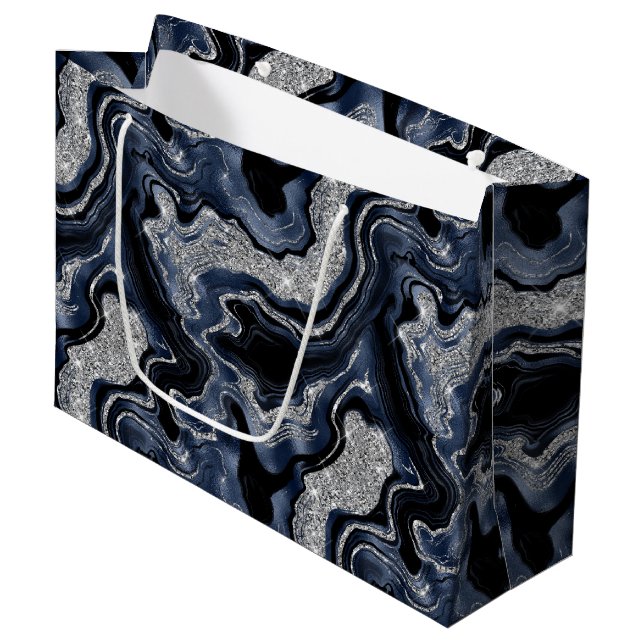 Elegant Navy Blue & Silver Glitter Agate Birthday Large Gift Bag (Front Angled)