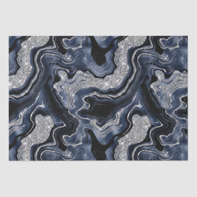 Elegant Navy Blue & Silver Glitter Agate Birthday Tissue Paper (Front)