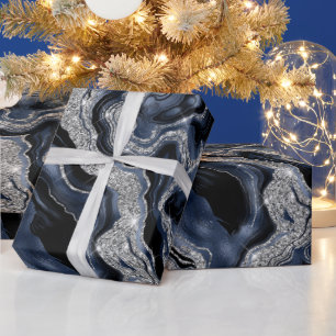 Elegant Navy Blue & Silver Glitter Agate Birthday Wrapping Paper