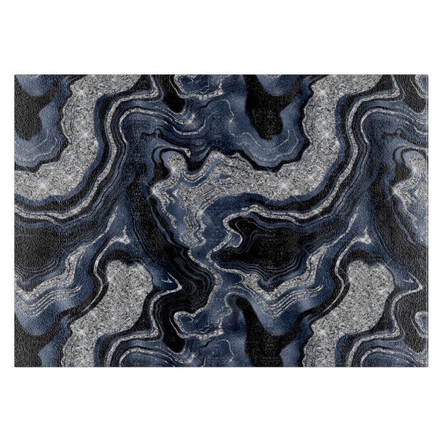 Elegant Navy Blue & Silver Glitter Agate Pattern Cutting Board (Front)