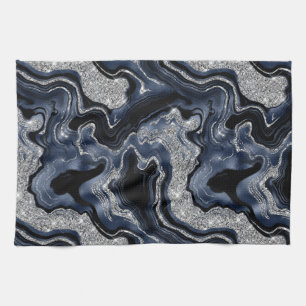 Elegant Navy Blue & Silver Glitter Agate Pattern Kitchen Towel