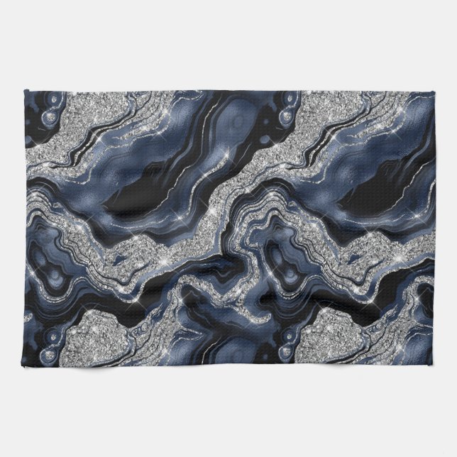 Elegant Navy Blue & Silver Glitter Agate Pattern Kitchen Towel (Horizontal)