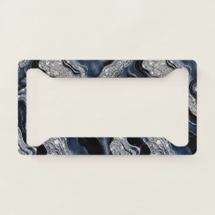 Elegant Navy Blue & Silver Glitter Agate Pattern License Plate Frame
