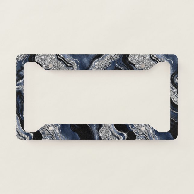 Elegant Navy Blue & Silver Glitter Agate Pattern License Plate Frame (Front)