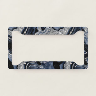 Elegant Navy Blue & Silver Glitter Agate Pattern License Plate Frame