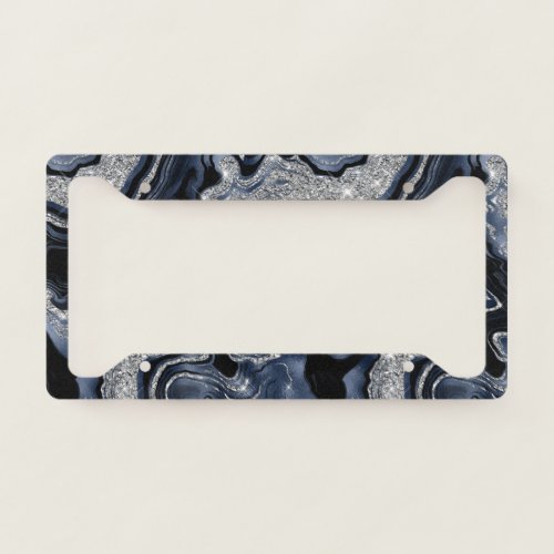 Elegant Navy Blue  Silver Glitter Agate Pattern License Plate Frame