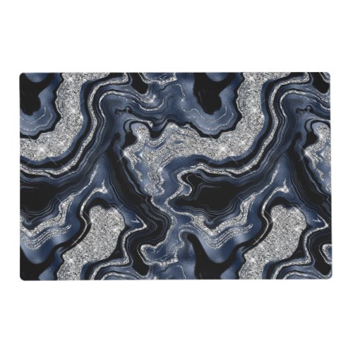 Elegant Navy Blue  Silver Glitter Agate Pattern Placemat