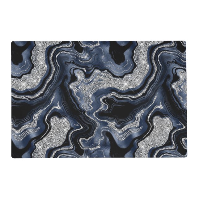 Elegant Navy Blue & Silver Glitter Agate Pattern Placemat (Front)