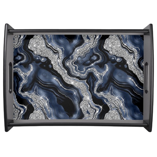 Elegant Navy Blue & Silver Glitter Agate Pattern Serving Tray (Front)