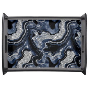 Elegant Navy Blue & Silver Glitter Agate Pattern Serving Tray