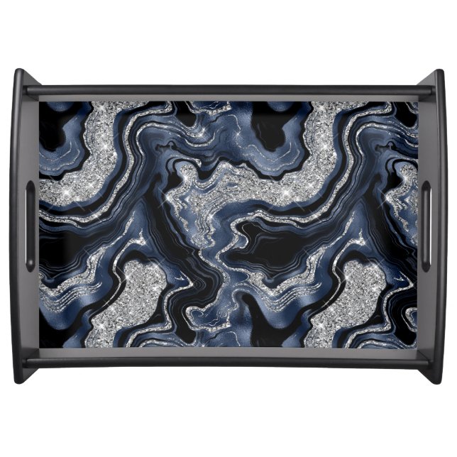 Elegant Navy Blue & Silver Glitter Agate Pattern Serving Tray (Front)