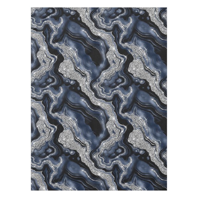 Elegant Navy Blue & Silver Glitter Agate Pattern Tablecloth (Front)