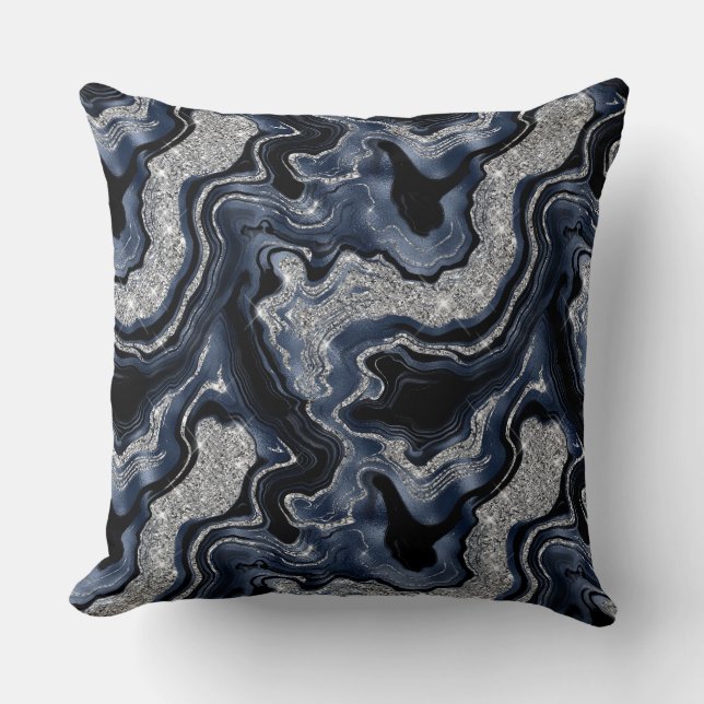 Elegant Navy Blue & Silver Glitter Agate Pattern Throw Pillow (Front)