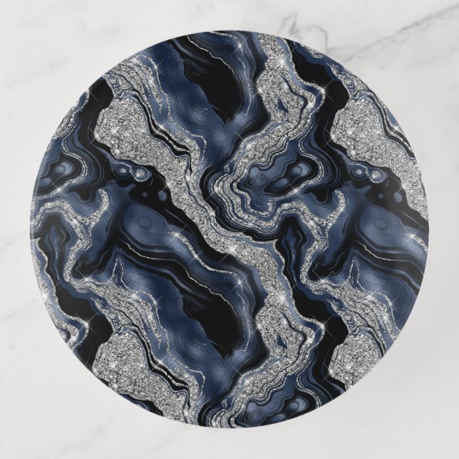 Elegant Navy Blue & Silver Glitter Agate Pattern Trinket Tray (Front)