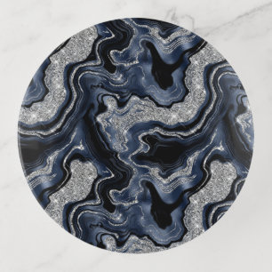 Elegant Navy Blue & Silver Glitter Agate Pattern Trinket Tray