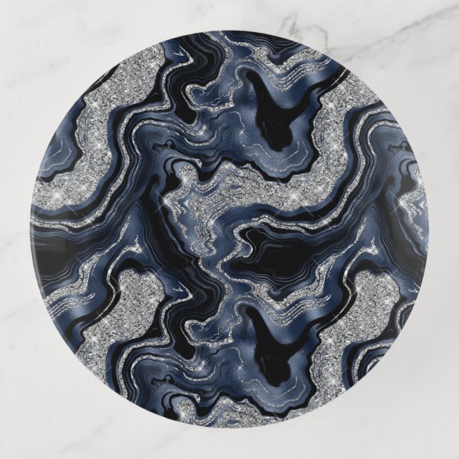 Elegant Navy Blue & Silver Glitter Agate Pattern Trinket Tray (Front)