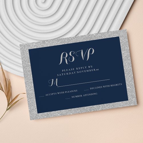 Elegant navy blue silver glitter borders RSVP card