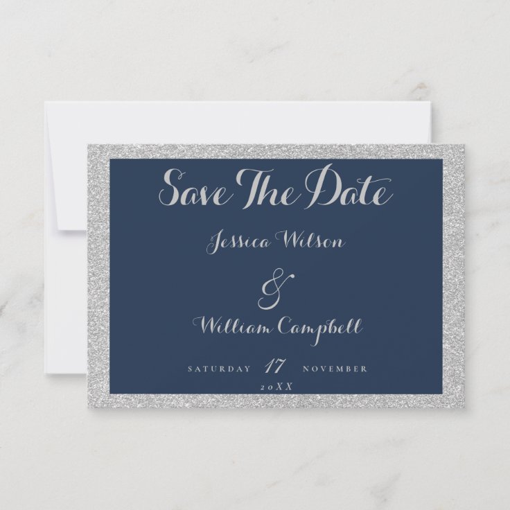 Elegant navy blue silver glitter borders save the date | Zazzle