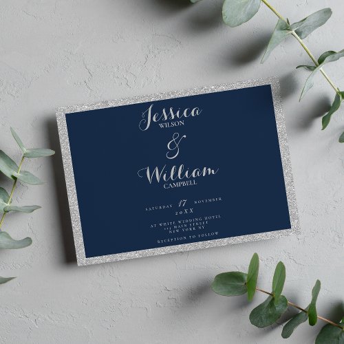 Elegant navy blue silver glitter borders wedding invitation